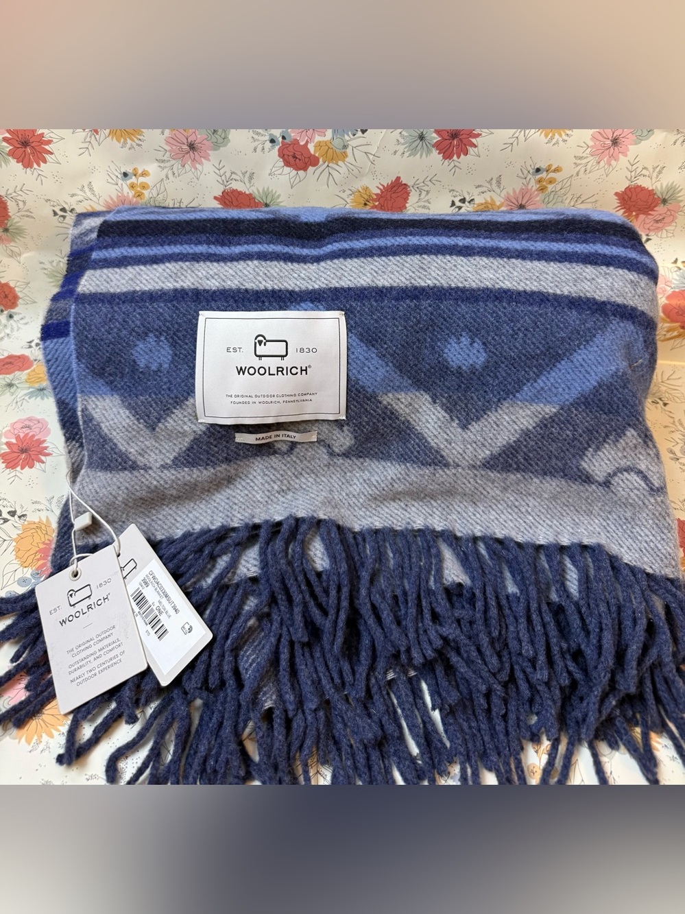 Woolrich Blue and Gray Geometric Wool Throw with Fringe